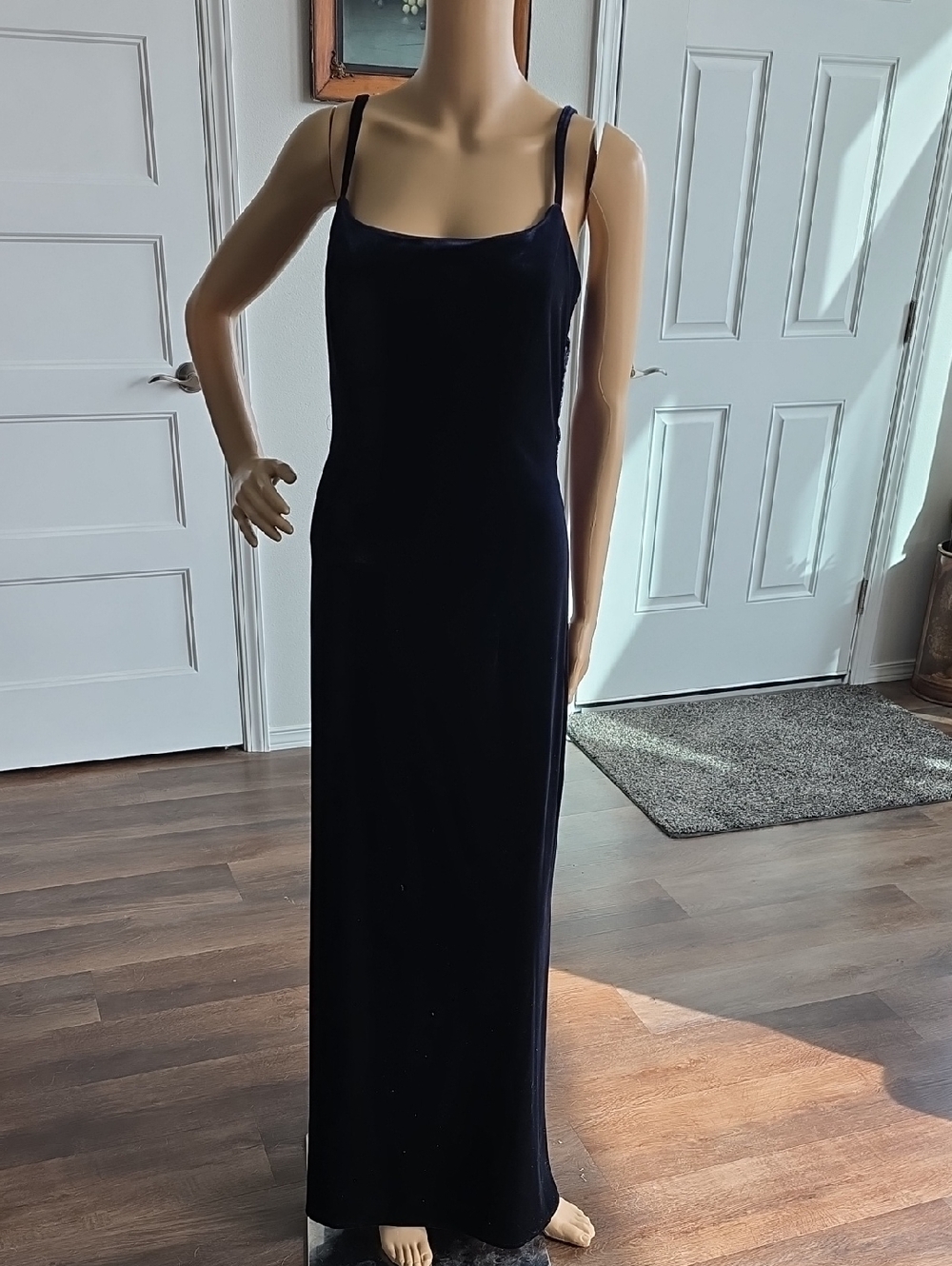 Dave & Johnny Navy Velvet Maxi Slip Dress with Sheer Back And Beaded Accents